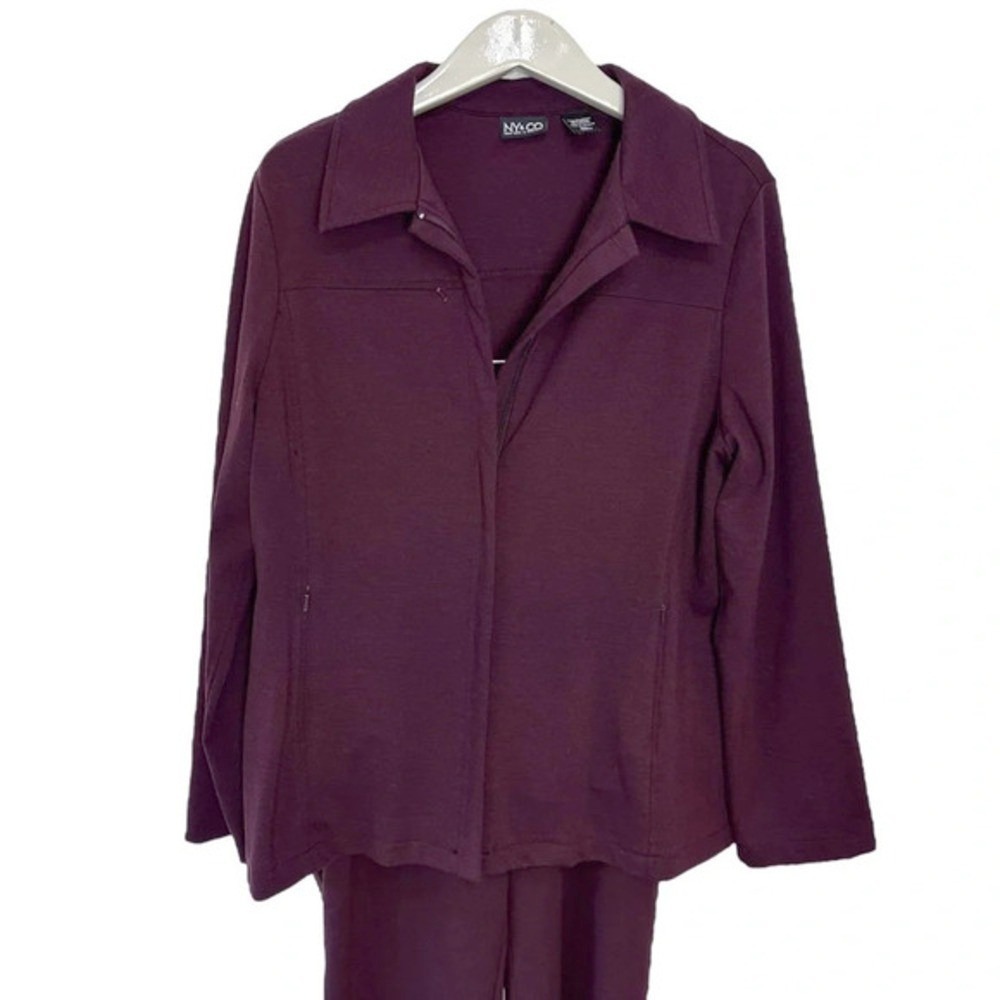 NY&CO Pant Suit XL Plum Purple Zip Front Jacket Wide Leg Pull On 2 Piece Set